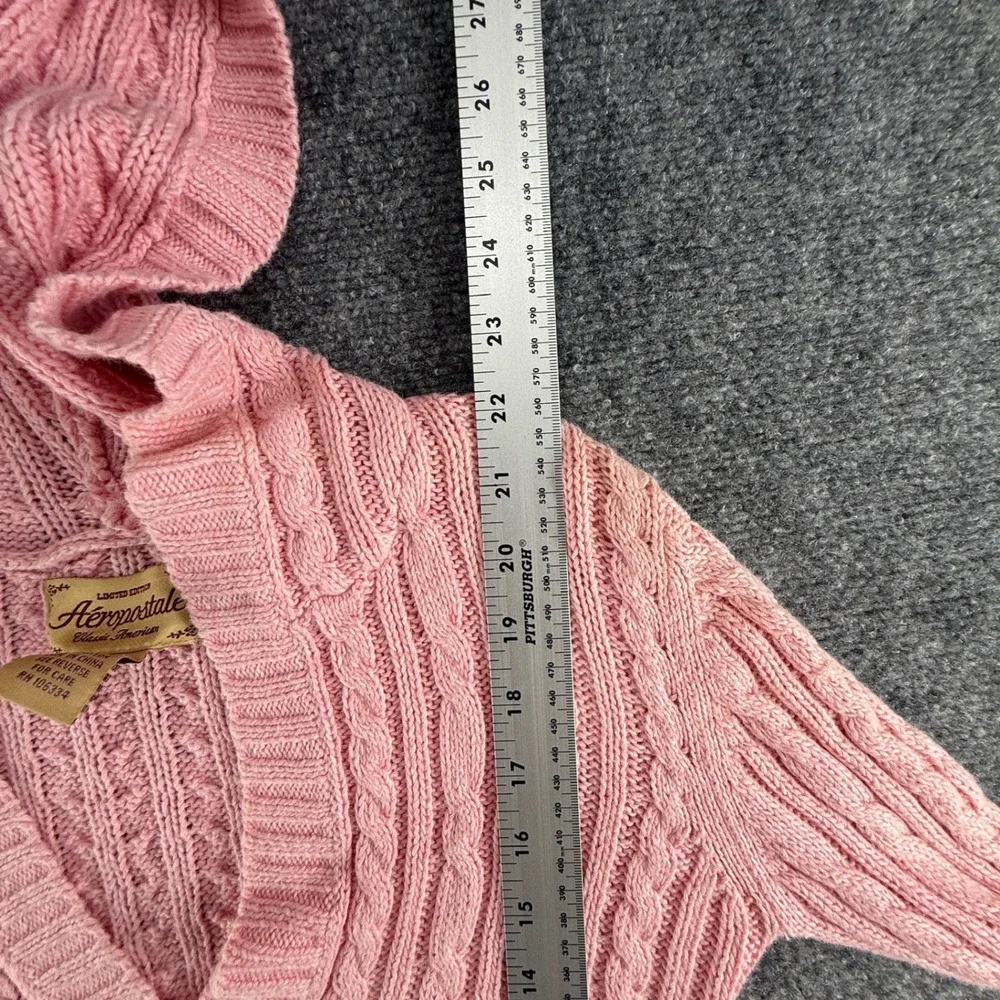 Aeropostale Pink Cable Knit Hooded Babydoll Sweater V-Neck Y2K Small 0428